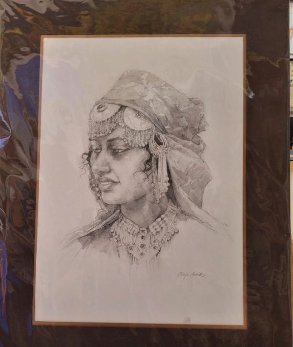 New Bride pencil drawing is showing the jewelry dowry a young bride gets for her wedding and it has been signed by artist.