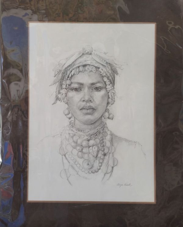 New Yemenite bride pencil drawing is showing the jewelry dowry a young bride gets for her wedding to assure her future financial situation.