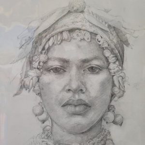 New Yemenite bride pencil drawing is showing the jewelry dowry a young bride gets for her wedding to assure her future financial situation.