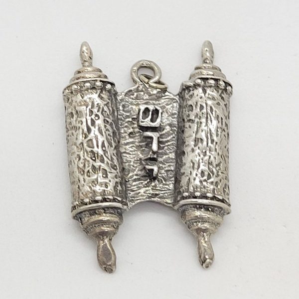 Handmade sterling silver Ashkenazi Torah scroll pendant open and written Shaddai (G-D) in Hebrew. Dimension 2.8 cm X 4 cm X 0.5 cm approximately.