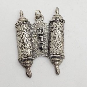 Handmade sterling silver Ashkenazi Torah scroll pendant open and written Shaddai (G-D) in Hebrew. Dimension 2.8 cm X 4 cm X 0.5 cm approximately.