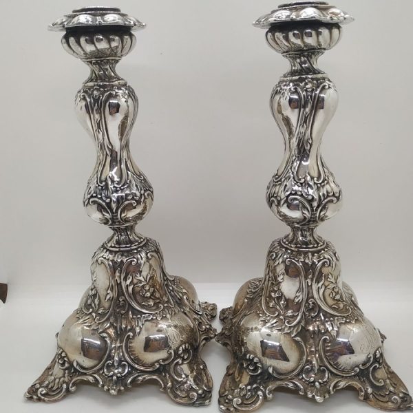 Handmade sterling silver electroform Shabbat candle holders, with floral designs all over candle holders.  Dimension 23.5 cm X 11 cm X 11 cm approximately.