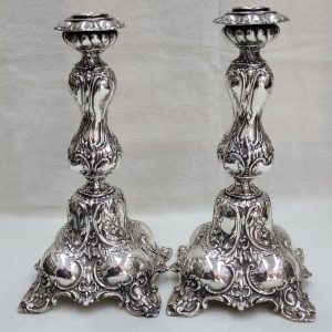 Handmade sterling silver electroform Shabbat candle holders, with floral designs all over candle holders.  Dimension 23.5 cm X 11 cm X 11 cm approximately.