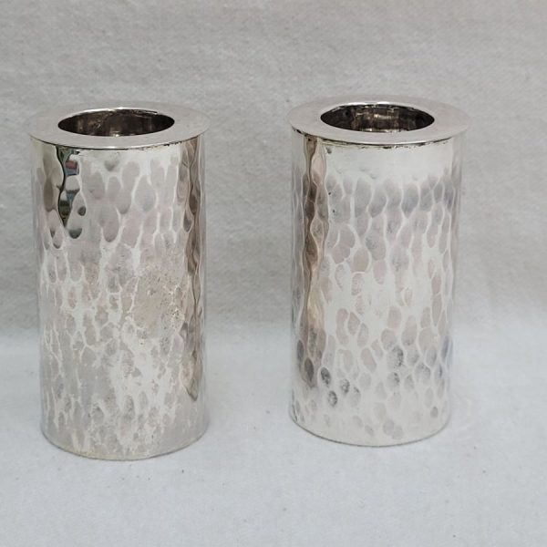 Sterling silver hand hammered Sabbath candle sticks handmade, contemporary style. Dimension diameter 3.9 cm X 6.3 cm approximately.
