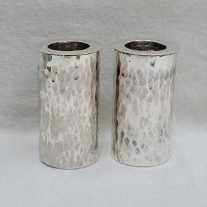Sterling silver hand hammered Sabbath candle sticks handmade, contemporary style. Dimension diameter 3.9 cm X 6.3 cm approximately.