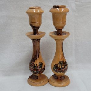 Handmade natural Sabbath candlesticks olive wood, where one can see the olive  wood deigns made by age of wood and Jerusalem panorama painted on, by Porat.