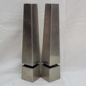 Handmade Stainless steel Sabbath candlesticks, clean metal with no ornaments to ornate the metal made by Bier early 1960's.
