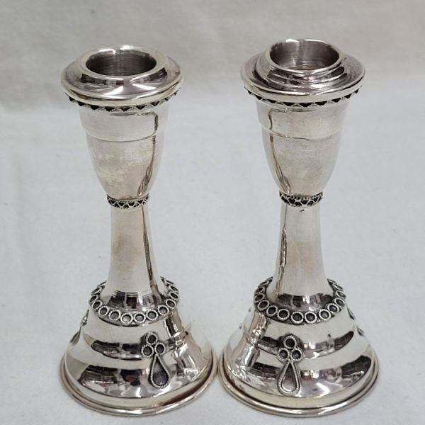 Sterling silver Yemenite filigree Bath Mitzvah candlesticks handmade. Accidently there is a slight knock on top of one of the candle holders.