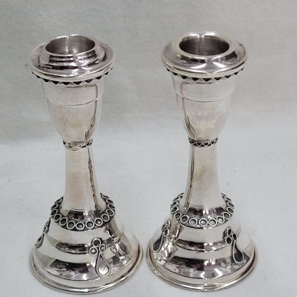 Sterling silver Yemenite filigree Bath Mitzvah candlesticks handmade. Accidently there is a slight knock on top of one of the candle holders.
