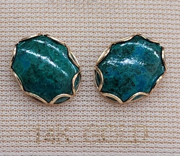 Handmade 14 carat gold Elat stone stud earrings set with oval cabochon Elat stones in a designed setting with fence shape prongs.