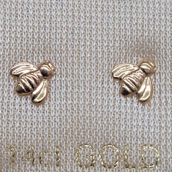 Handmade 14 carat gold bee shape stud earrings shiny and smooth design, suitable for young girls.  Dimension 0.5 cm X 0.5 cm approximately.