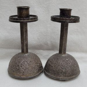 Vintage Mideast silver Sabbath candlesticks floral design handmade in the middle east end of 19th century. Dimension diameter 5.2 cm X7 cm approximately.