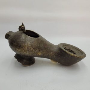 Antique Byzantine bronze oil lamp early Byzantine era found in the Holy Land of Israel 3rd century CE. Dimension 16.5 cm X 8 cm X  8 cm approximately.