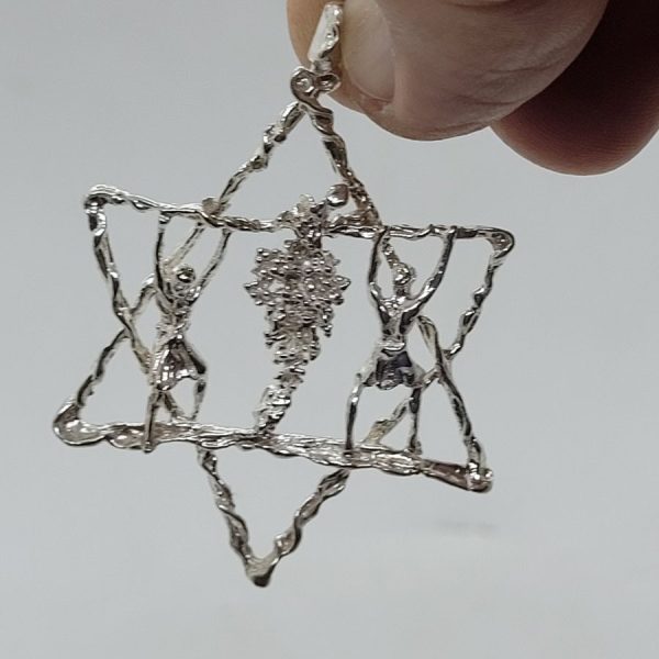 Handmade sterling silver Magen David star Joshua and Caleb carrying grapes pendant like it is described in the holly bible. Made by S. Ghatan Katan.