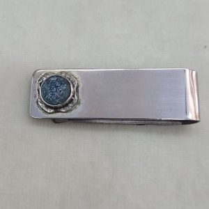 Handmade sterling silver money clip Roman glass, genuine antique Roman glass found in the holy land, set in flower frame design made by S. Ghatan. Katan.