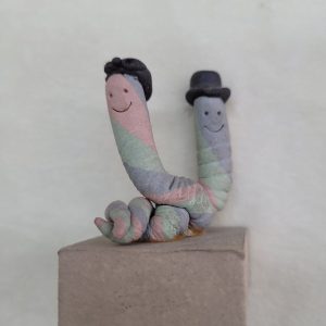 Handmade two smiley worms ceramic sculpture made in 1980's by Sakolovsky . There are more various characters in stock of Sakolovsky creations.