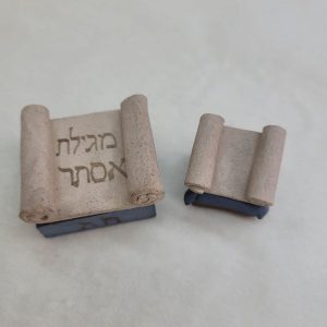 Handmade Torah scroll ceramic sculpture and Megilat Esther scroll made in 1980's by Sakolovsky,Torah scroll 1.5 cm X 4.5 cm X 3.7 cm approximately.
