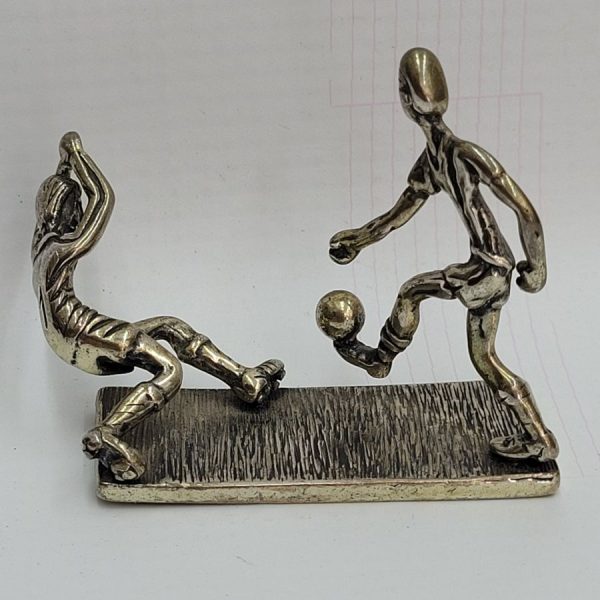 Handmade sterling silver two soccer player miniature sculpture solid silver and you can feel the motion and tense of players.