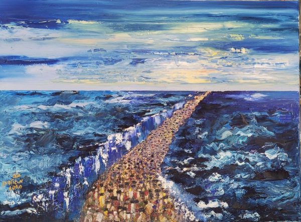 The Exodus sea crossing painting is painted so skillfully, that one can feel the waves movements and the vibrant colors effect on the canvas.