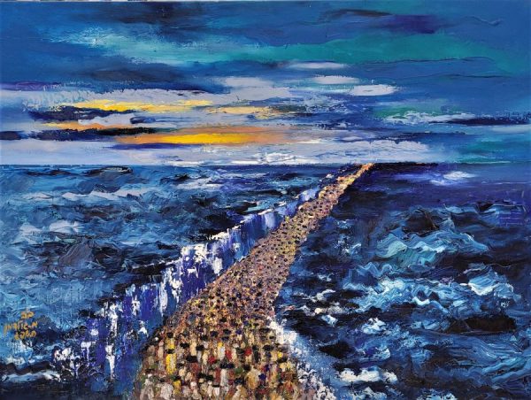 The Exodus sea crossing painting is painted so skillfully, that one can feel the waves movements and the vibrant colors effect on the canvas.