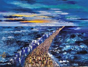 The Exodus sea crossing painting is painted so skillfully, that one can feel the waves movements and the vibrant colors effect on the canvas.