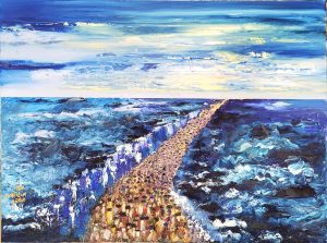 The Exodus sea crossing painting is painted so skillfully, that one can feel the waves movements and the vibrant colors effect on the canvas.