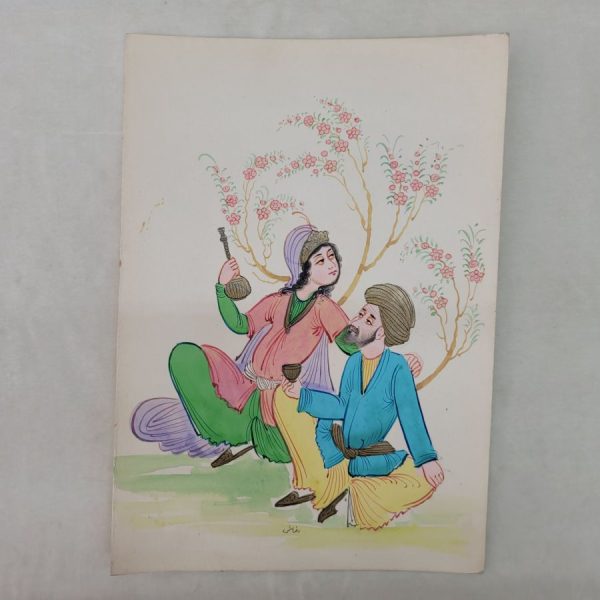 Vintage water color vintage Mideast lovers water color handmade, describing how two lovers spend their time drinking in the nature.