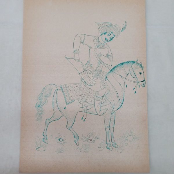 Handmade on paper horseman green water color drawing vintage painting, describing a horse rider preparing for a hunting in the Mideast wild.