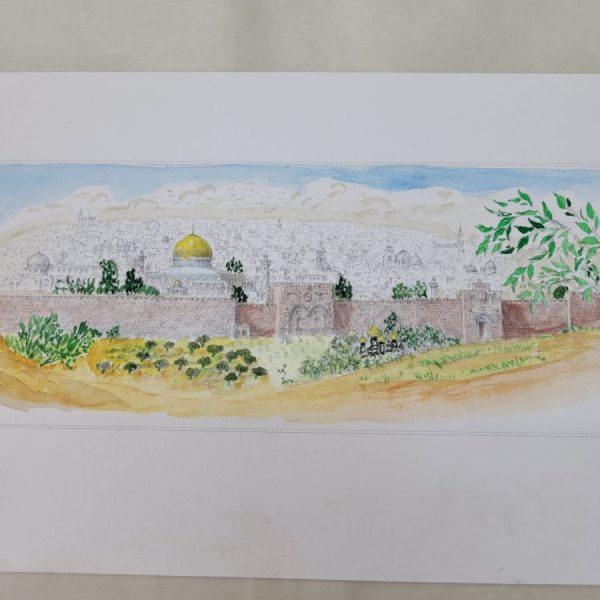 Hand painted Jerusalem panorama water color and pencil drawing on paper by A. Nowick. A very much meticulously designed masterpiece.