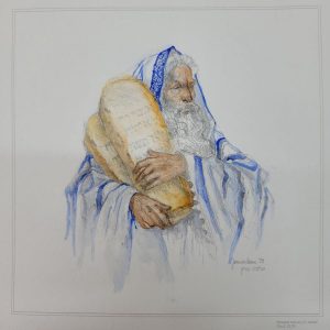 Hand painted Moses holding commandments painting water color and pencil drawing on paper by A. Nowick.  A very much meticulously designed masterpiece.