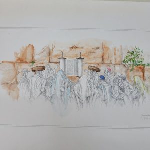 Hand painted reading Torah western wall water color and pencil drawing on paper by A. Nowick.  A very much meticulously designed masterpiece.