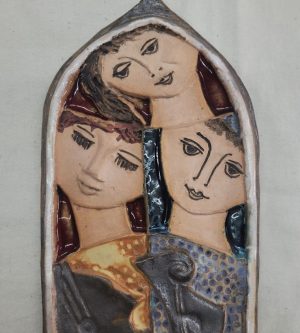 Handmade glazed ceramic tile best trio friends tile by Ruth Factor shows the true and pure friendship between David, Bathsheba and Jonathan.