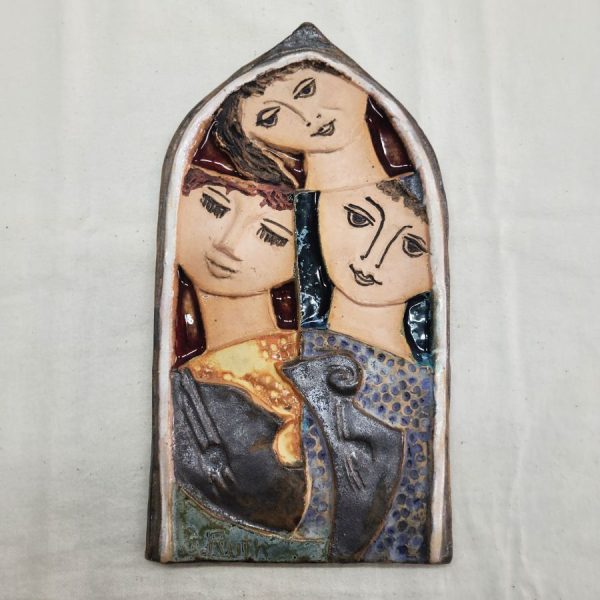 Handmade glazed ceramic tile best trio friends tile by Ruth Factor shows the true and pure friendship between David, Bathsheba and Jonathan.