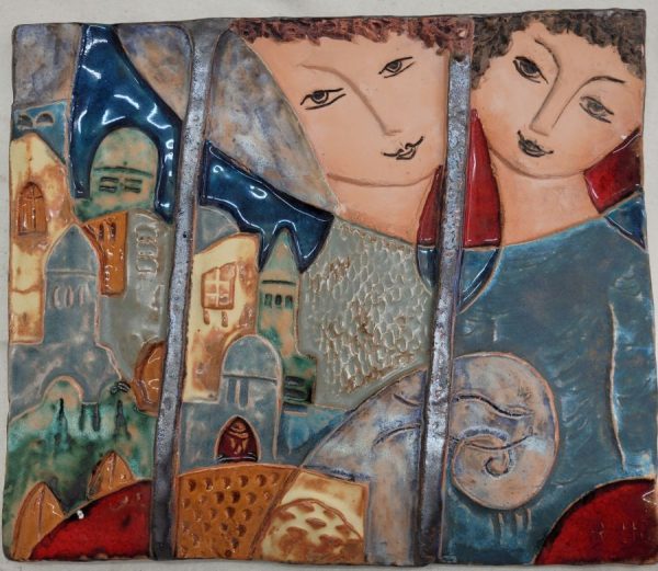 In David & Bathsheba praying ceramic tile , one can feel the keen feelings for peace. Dimension 27.5 cm X 24.4 cm approximately.