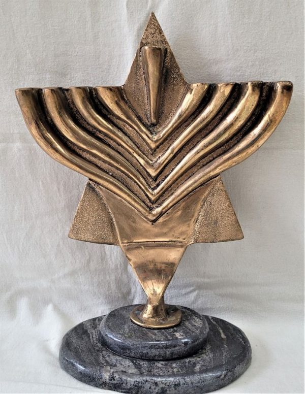 Handmade bronze Magen David Hanukah Menorah , shaped as a contemporary Magen David Hanukah Menorah star with eight candle branches.