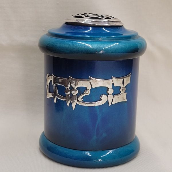 Handmade blue Tzedakah box aluminum silver sterling box contemporary style with purple enamel all over. Dimension diameter 8.6 cm X 12 cm approximately.