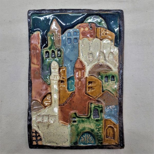 Handmade glazed ceramic tile rectangle shape Jerusalem with typical Jerusalem historic houses made by Ruth Factor. Dimension 18 cm X 12 cm approximately.