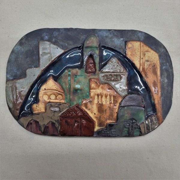 Handmade glazed ceramic Ruth Jerusalem view tile with historic buildings made by Ruth Factor. Dimension 17.4 cm X 11.3 cm approximately.