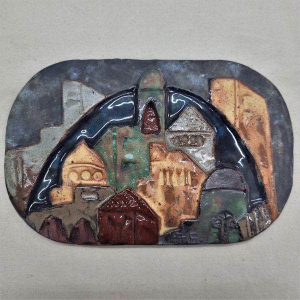 Handmade glazed ceramic Ruth Jerusalem view tile with historic buildings made by Ruth Factor. Dimension 17.4 cm X 11.3 cm approximately.