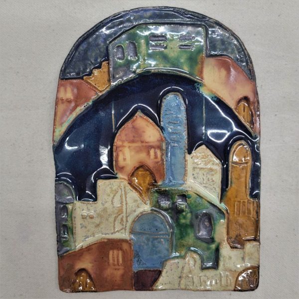 Handmade window shape glazed ceramic Jerusalem houses view tile made by Ruth Factor. Dimension 16.2 cm X 12 cm approximately.