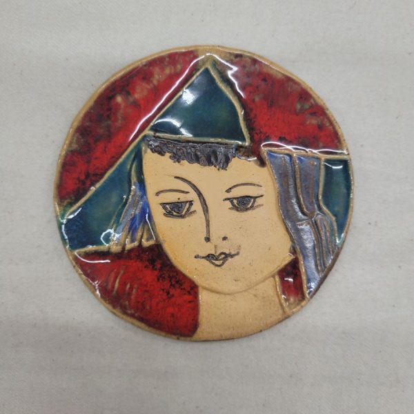 Handmade round small glazed ceramic tile named by Ruth as "tile king David's reflections". Dimension diameter 10.6 cm approximately.