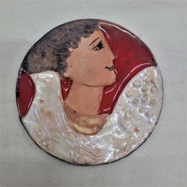 Handmade round small glazed ceramic tile named by Ruth as " tile David's peace reflections". Dimension diameter 11 cm approximately.