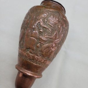 The engravings on vintage Purim Grogger copper are handmade & hammered copper silver plated showing the king at the dinner he has invited all people.