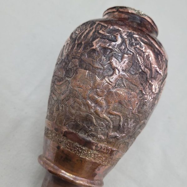 The engravings on Vintage Purim Grogger copper are handmade showing the king messengers riding rapidly to all his countries to let Jews revenge.