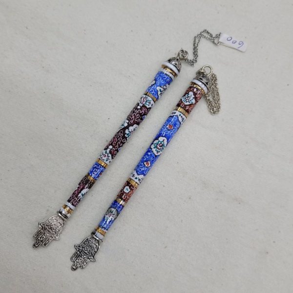 Enamel Torah Yad pointer handmade with painted enamel on copper & sterling silver Yemenite filigree bead at end. The price quoted is for one.