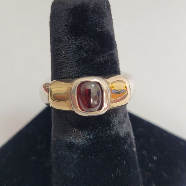 Handmade sterling silver & 14 carat yellow gold silver cabochon ring contemporary style ring set with cabochon cut Garnet stone.
