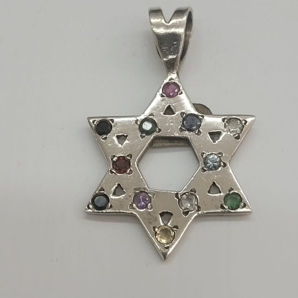 Handmade sterling silver 12 tribes stones pendant traditional Magen David star shape set with 12 tribes genuine stones 4.5 cm X 2.8 cm X 0.2 cm.
