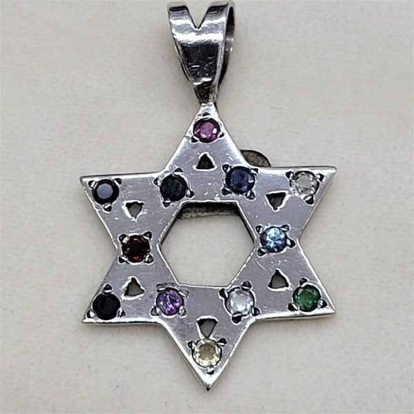 Handmade sterling silver 12 tribes stones pendant traditional Magen David star shape set with 12 tribes genuine stones 4.5 cm X 2.8 cm X 0.2 cm.