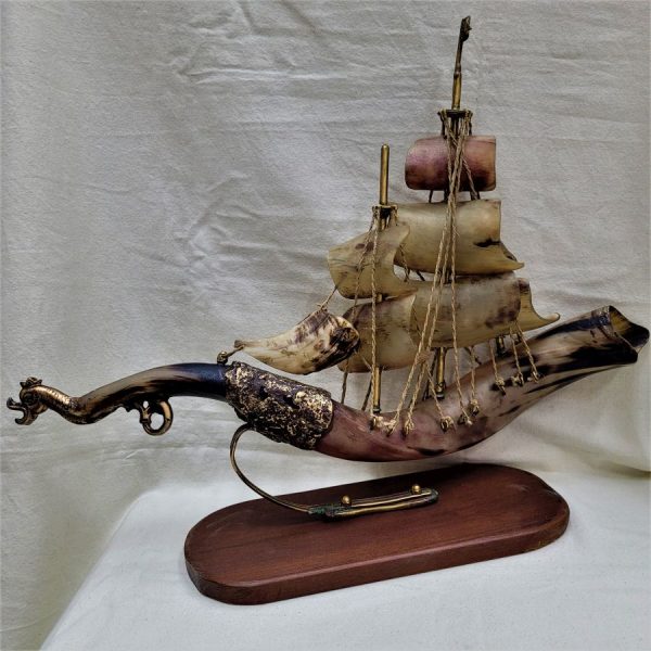Bronze statue sailing boat is an original design made by Y. Eithan made with a deer horn and bronze. He never duplicate his art works.