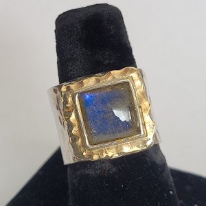Handmade sterling silver ring Labradorite stone & 14 carat yellow gold Labradorite square stone ring hand hammered contemporary design on wide band ring.